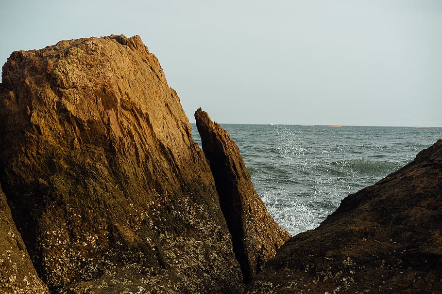 china, qingdao, lvdao zui, splash, rock, horizon, sea, wave, HD wallpaper