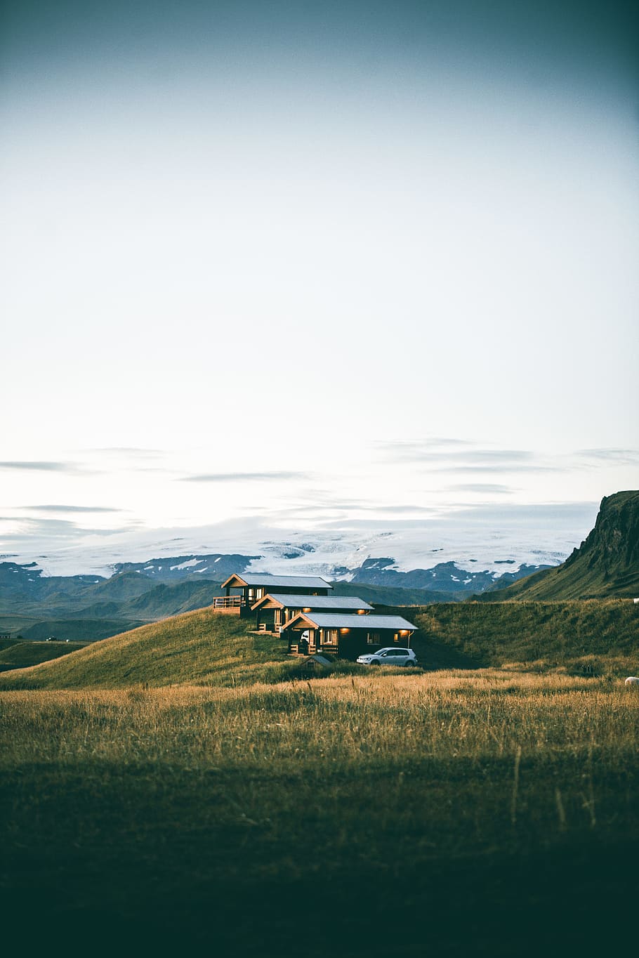 cabins on mountain, field, green, grass, portrait, landscape HD wallpaper