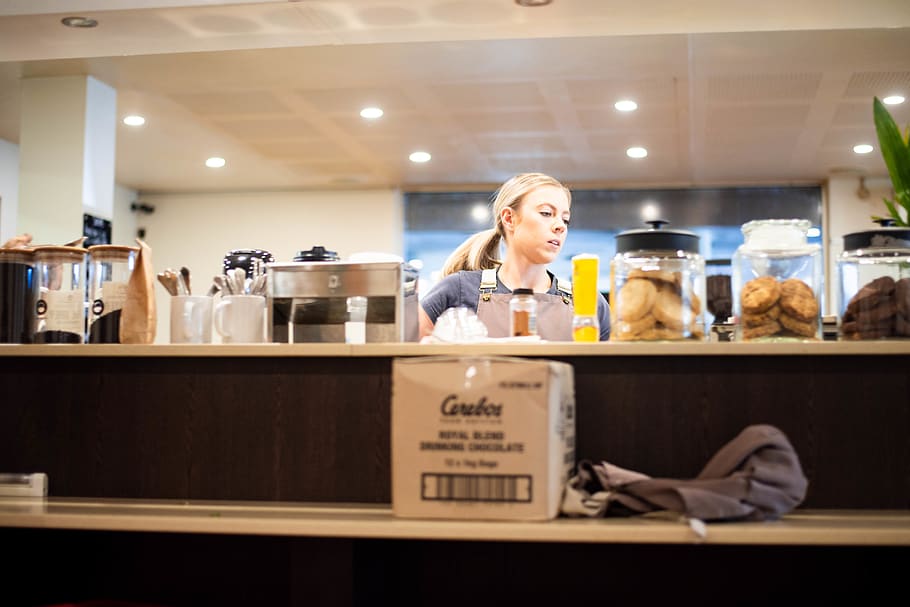 waitress, cafe, coffee, counter, working, bright, orange, light HD wallpaper