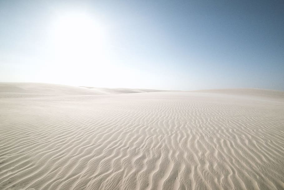 gray sand dunes, sun, ripple, desert, outdoors, blue, minimal, HD wallpaper