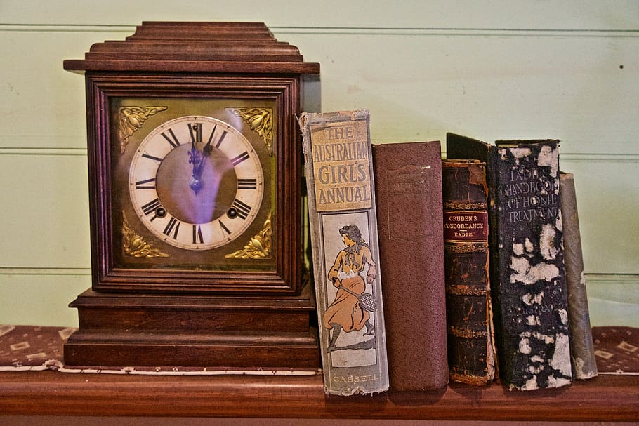 books, clock, antique, old, vintage, time, no people, history HD wallpaper