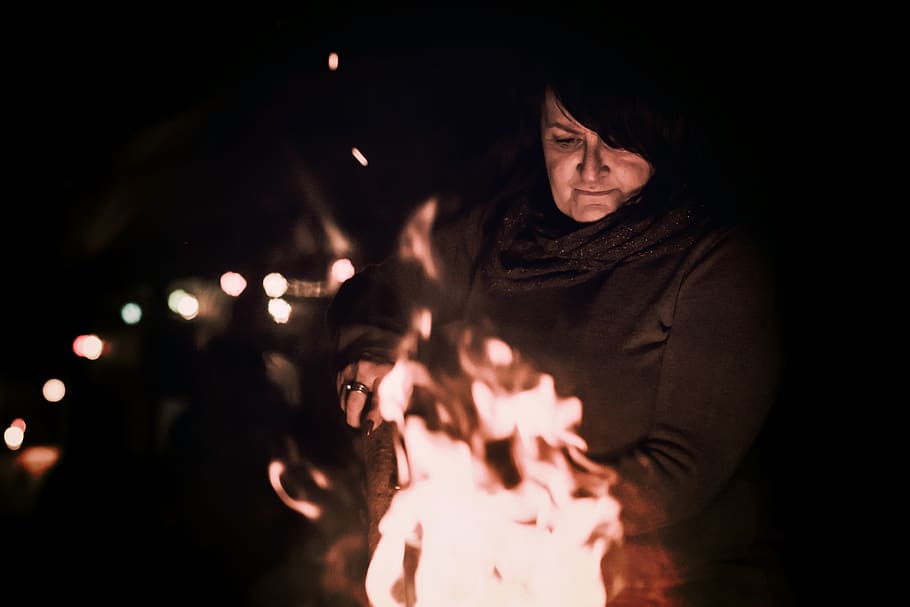 Woman Near Bonefire, bonfire, flame, heat, person, adult, two people HD wallpaper
