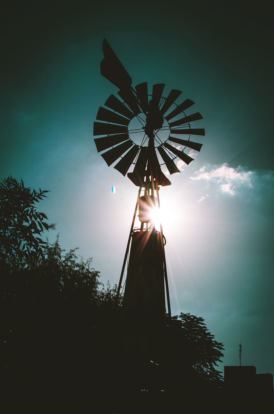 Silhouette of Farm Windmill, backlit, clouds, dark, dawn, electricity HD wallpaper