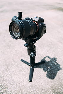 black DSLR camera on tripod stand, bokeh, blue, gear, rig, sony HD wallpaper