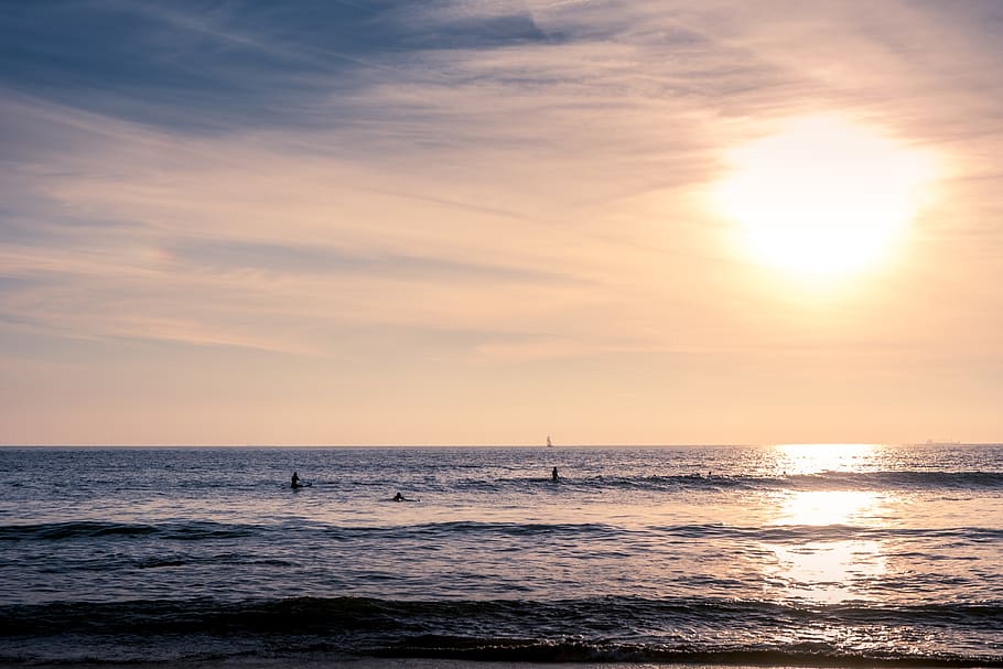 horizon during sunset, nature, outdoors, light, flare, sky, ocean HD wallpaper