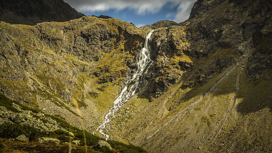 waterfall, mountains, landscape, nature, wilderness, scenic HD wallpaper