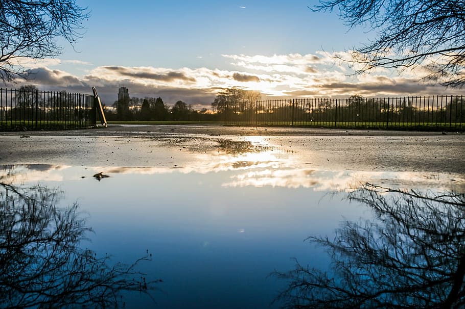 water, park, tree, plants, entrance, reflection, sky, cloud - sky HD wallpaper