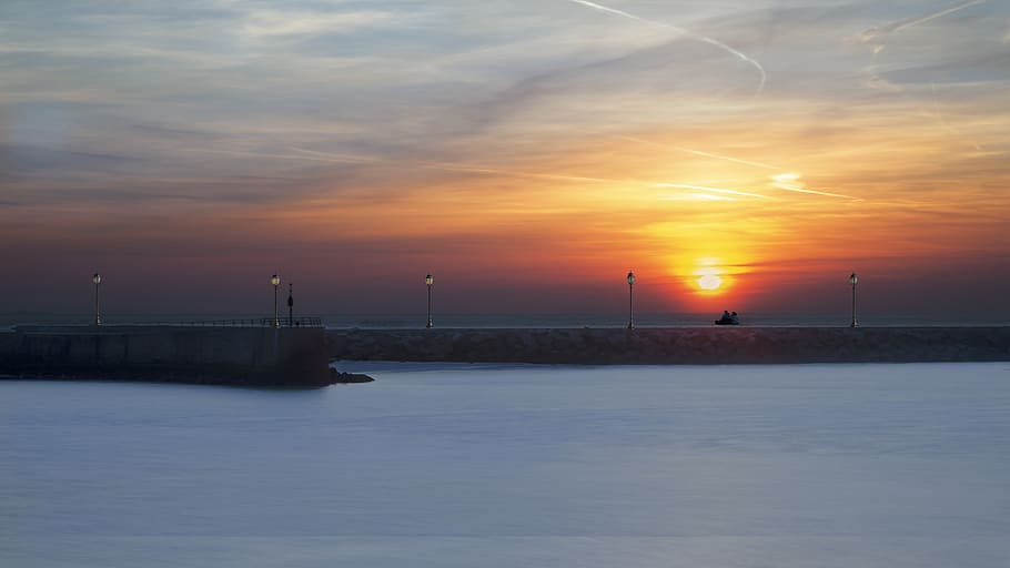 sunset, scheveningen, sea, evening sky, eveningsky, coast, water HD wallpaper