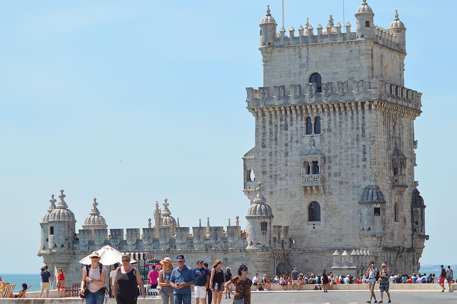 tower, sky, blue, tourists, portugal, beléem, architecture HD wallpaper