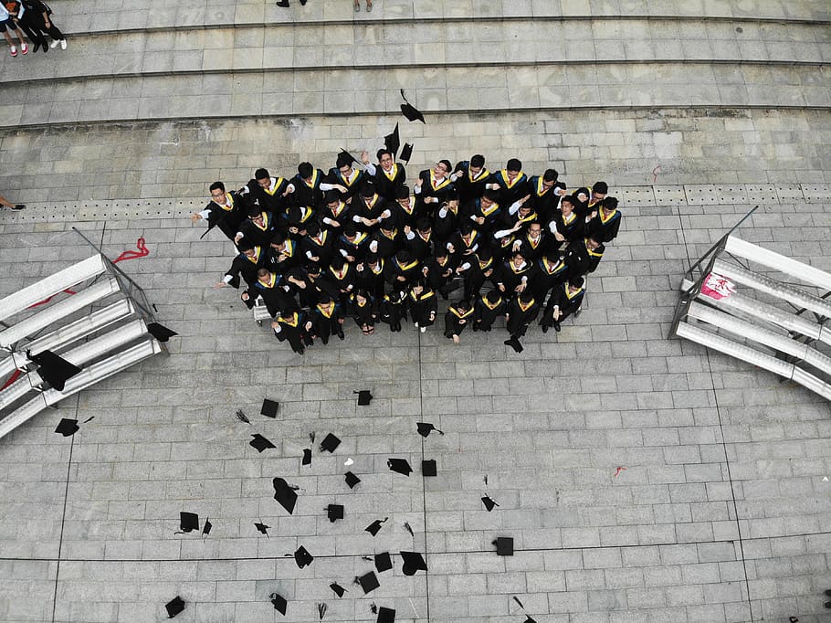 group of graduates throwing academic hats, architecture, large group of people, HD wallpaper