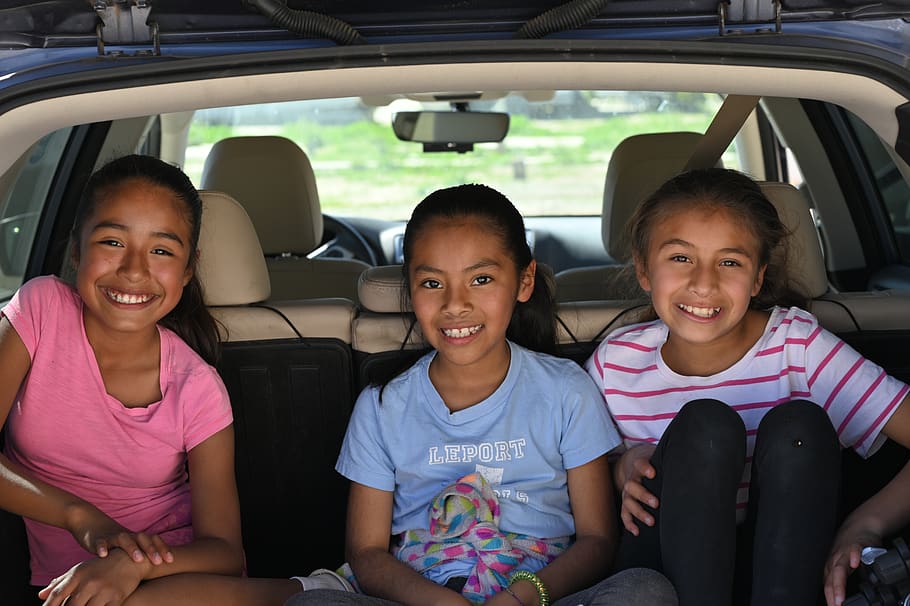 three girls in vehicle, child, childhood, sitting, smiling, females HD wallpaper