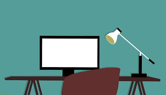Illustration of modern workplace with computer and light on desk. HD wallpaper