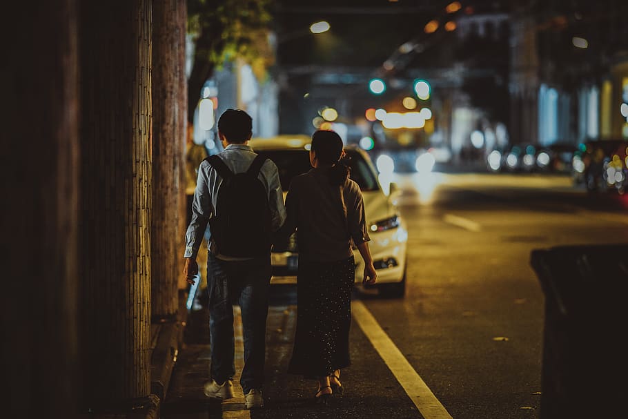 couple near car during night time, human, person, pedestrian