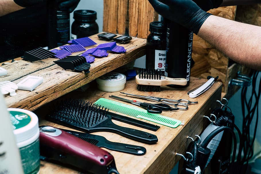 Barber's Tool on Table, brush, person, Razor, scissors, tools