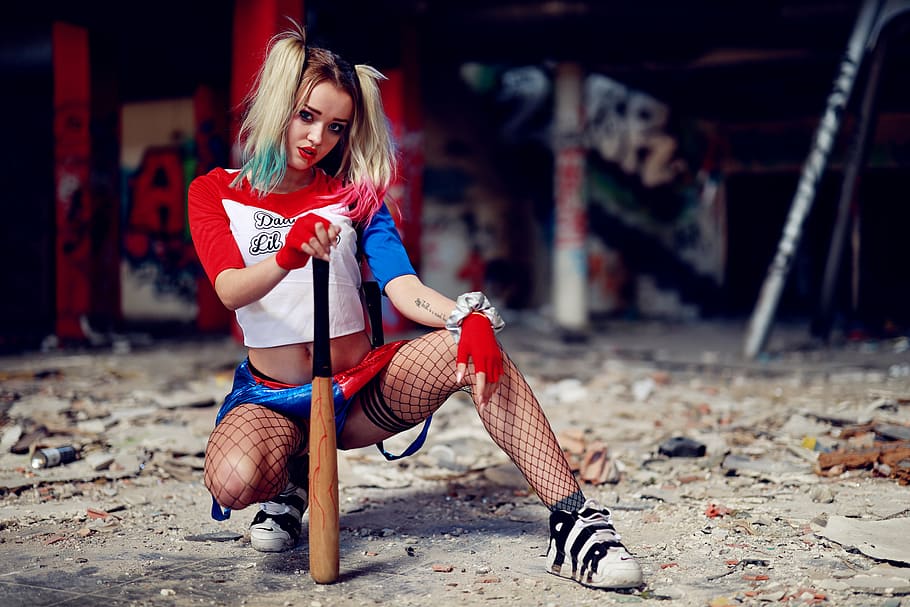 Harley Quinn cosplay, apparel, clothing, person, human, footwear
