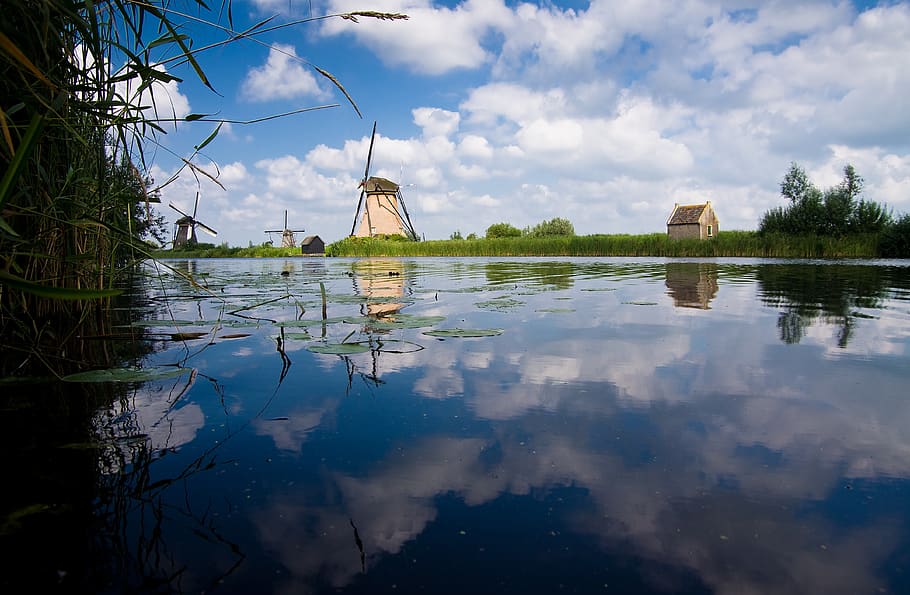 kinderdijk, mill, water, clouds, river, reflection, cloud - sky HD wallpaper