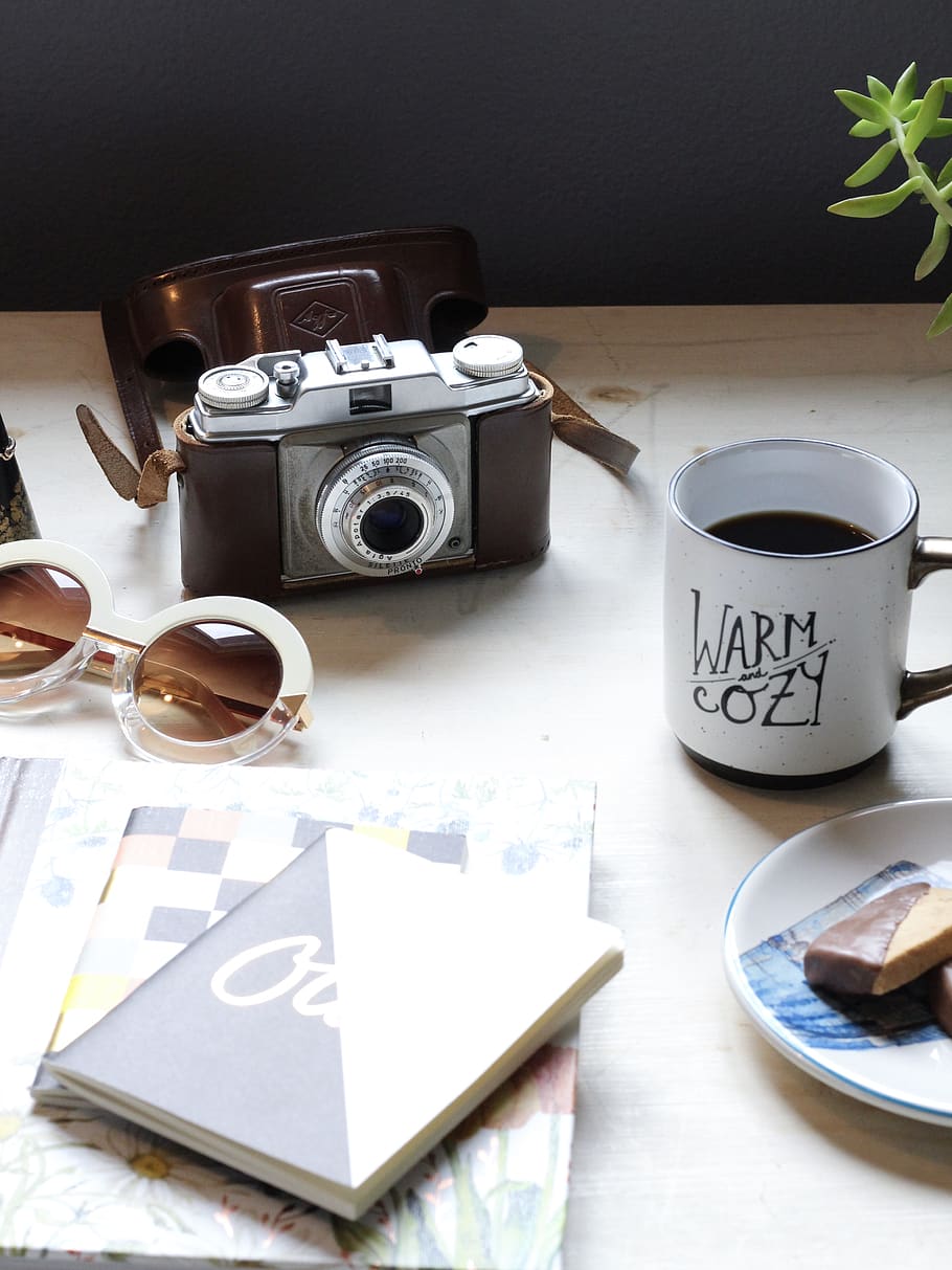 cup, coffee cup, book, electronics, camera, accessory, accessories HD wallpaper