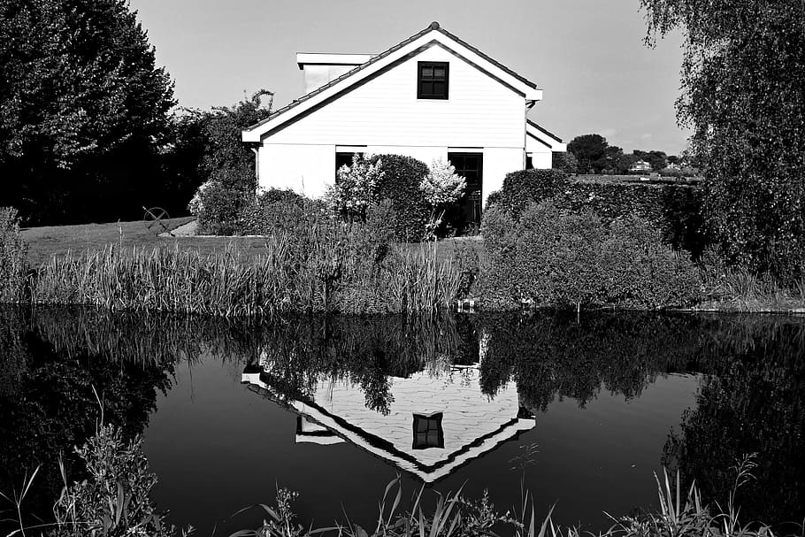 House on Riverbank, architecture, black-and-white, grass, reflection HD wallpaper