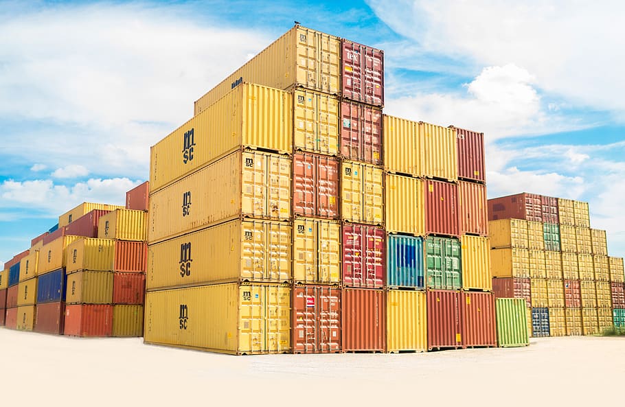 container, van, export, travel, cargo, wharf, blue, sky, clouds HD wallpaper