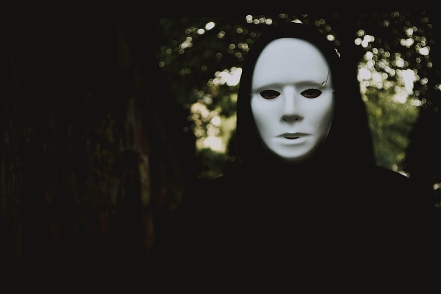 man wearing white face mask, portrait, disguise, human representation HD wallpaper