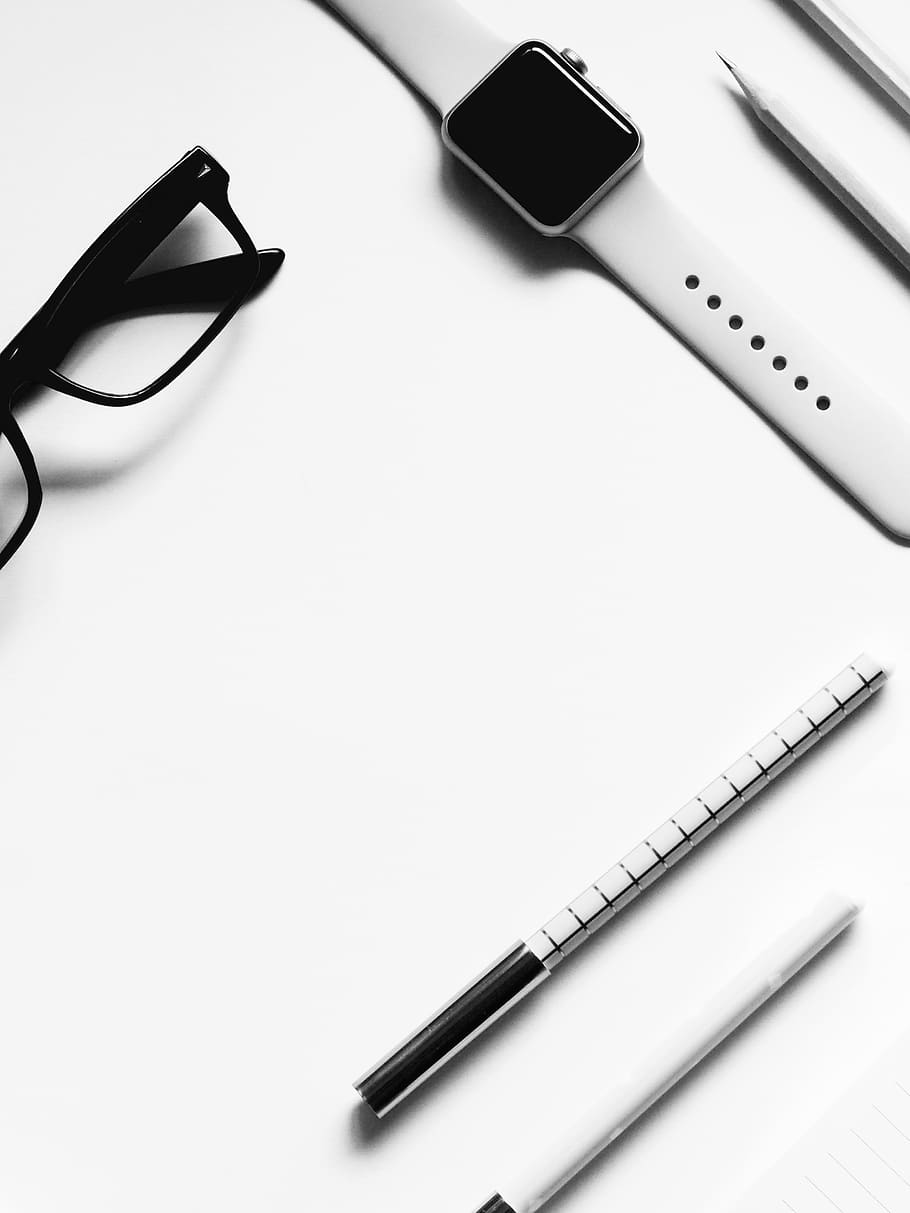 Closed Apple Watch Beside Eyeglasses on Table, black, black and white, HD wallpaper