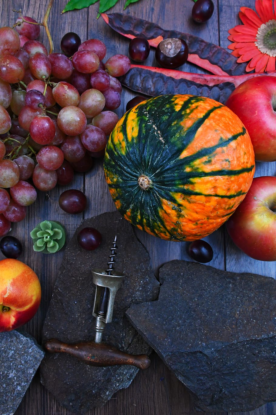 Orange Pumpkin Near Apples and Grapes, close-up, color, corkscrew HD wallpaper