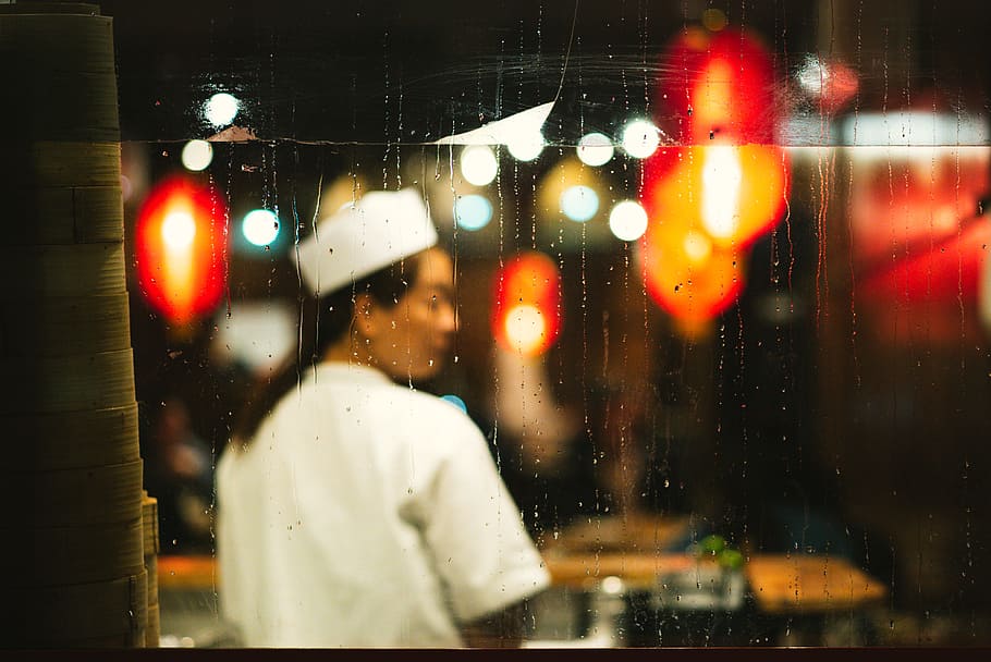 person standing near window, glass, chef, cook, through window, HD wallpaper