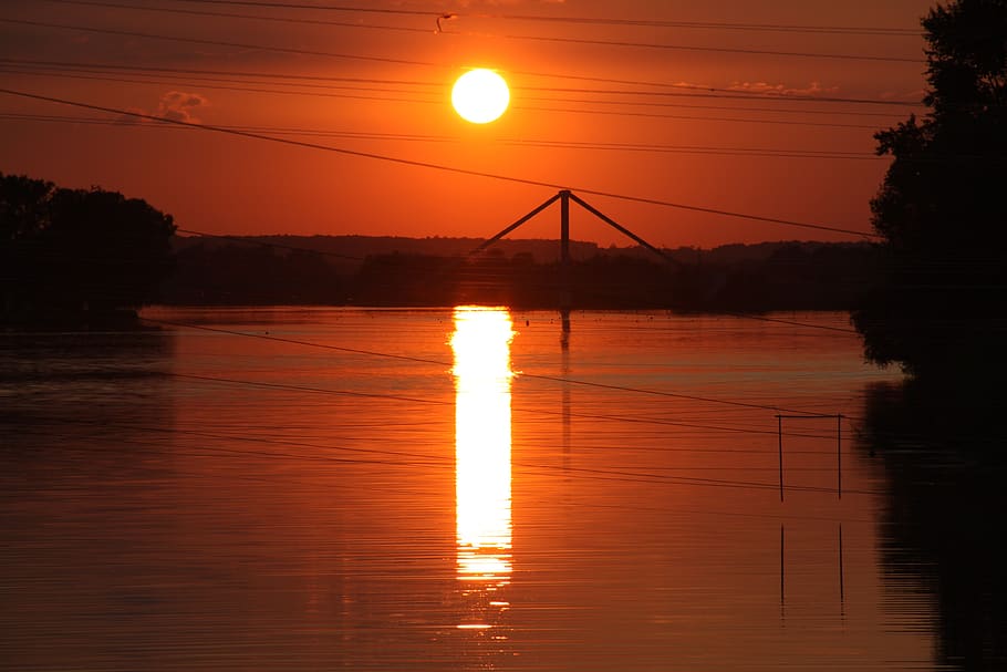 bridge, river, sunset, water, reflection, sky, orange color HD wallpaper