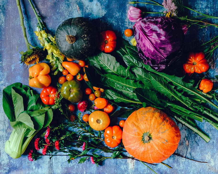 vegies on blue surface, food, healthy eating, food and drink HD wallpaper