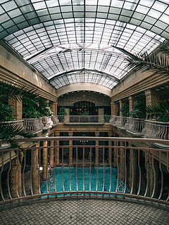 blue indoor pool interior, skylight, building, architecture, window HD wallpaper