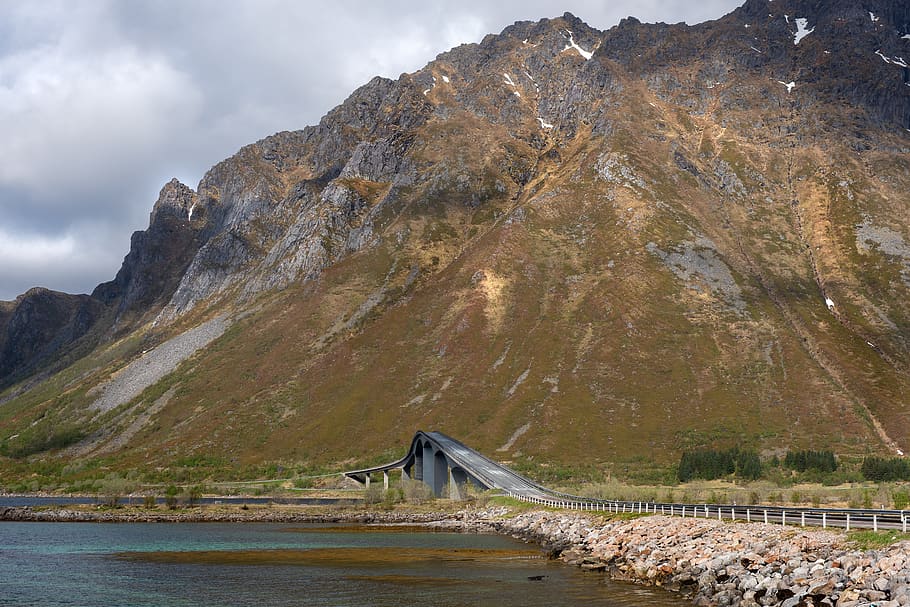 bridge, mountain, sea, deserted, lofoten, norway, scenics - nature HD wallpaper