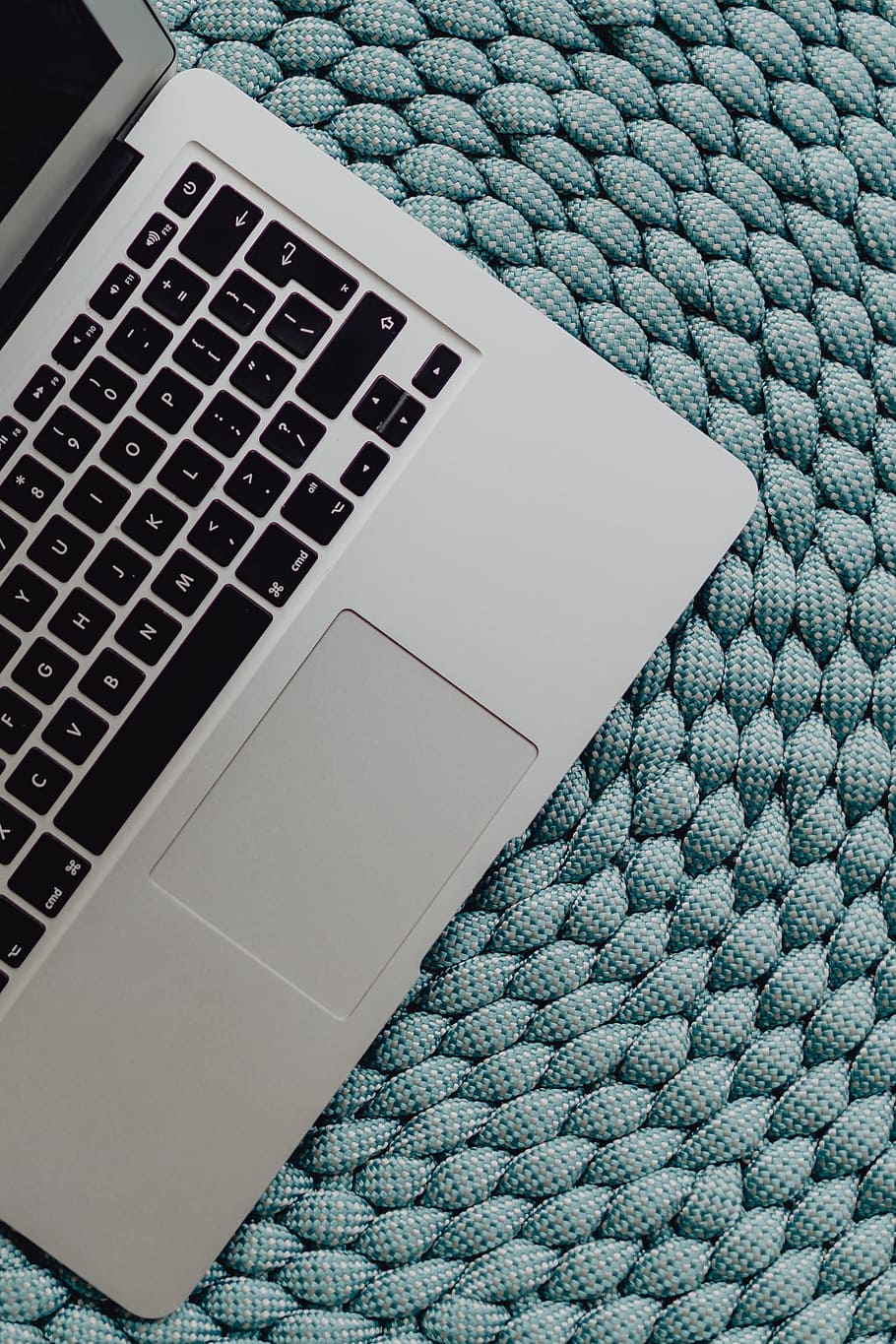 MacBook Laptop on a blue pouf, tech, technology, ottoman, computer HD wallpaper