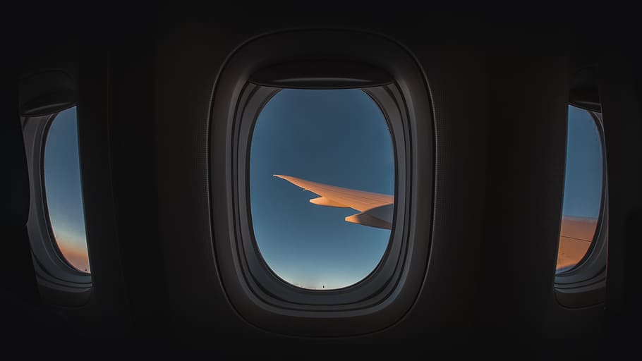opened airplane window, porthole, aircraft, fisheye, curtain, HD wallpaper