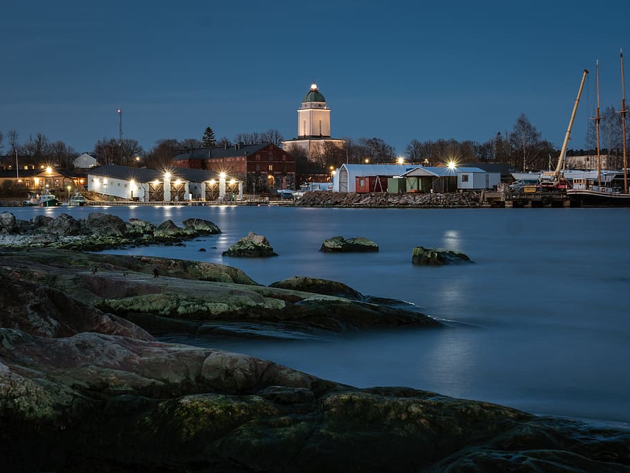 lighted buildings at night, sea, suomenlinna, nature, promontory HD wallpaper