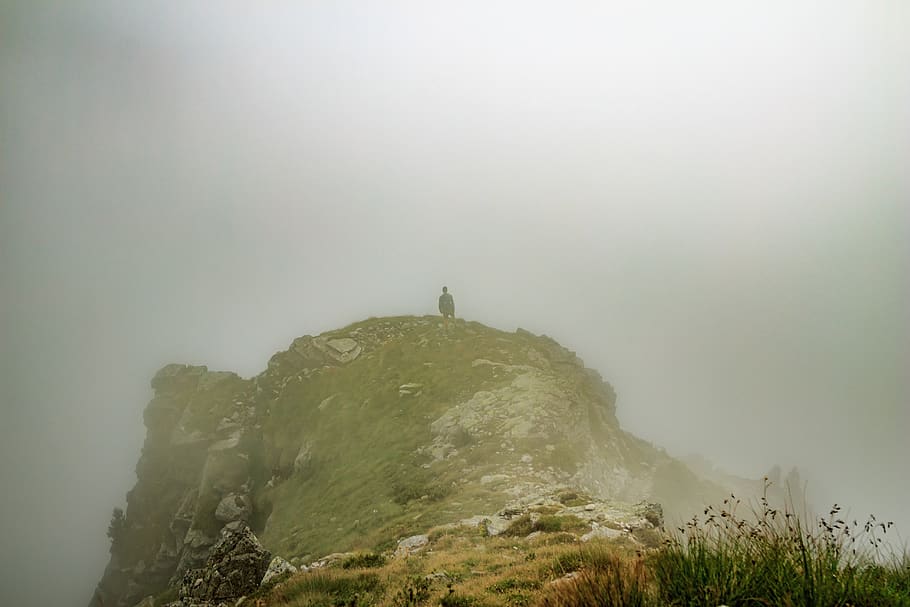 person on cliff, fog, nature, weather, italy, scurelle, caldenave - lodge HD wallpaper