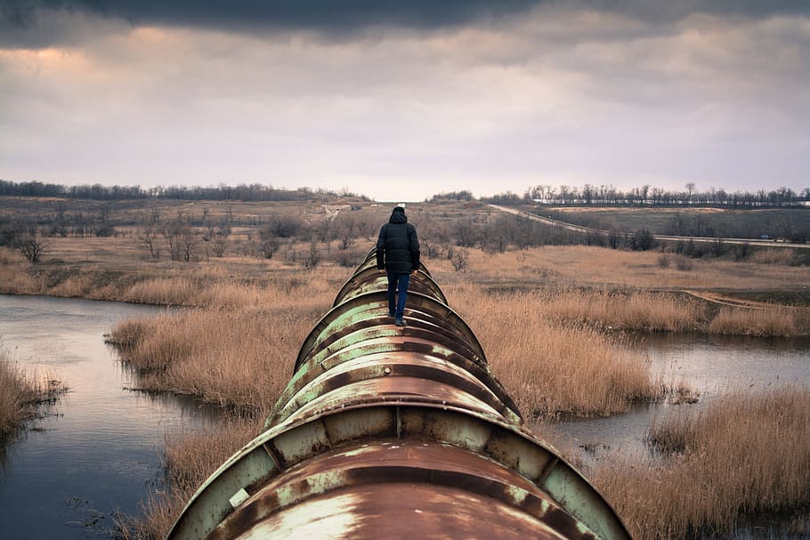 person, walking, pipeline, tube, steel, big, enormous, industry