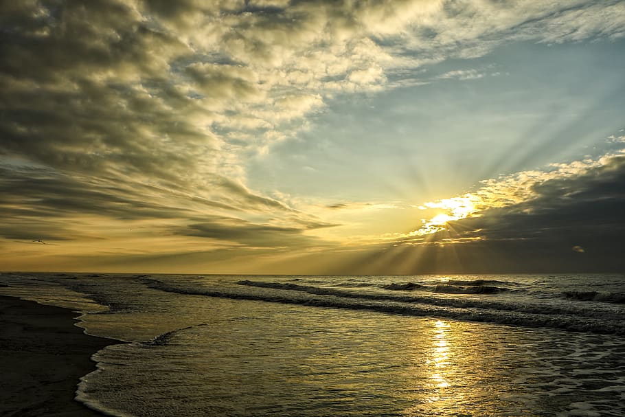 sunrise, clouds, cool, ocean, waves, water, sky, cloud - sky HD wallpaper