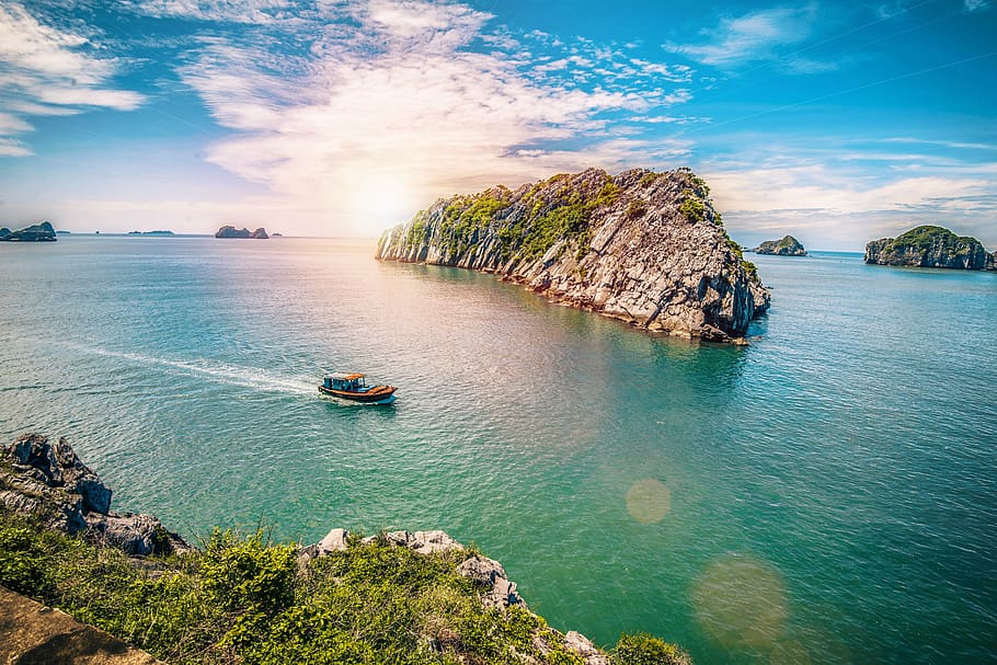 cat ba, vietnam, haiphong, travel, boat, sky, water, blue green, HD wallpaper