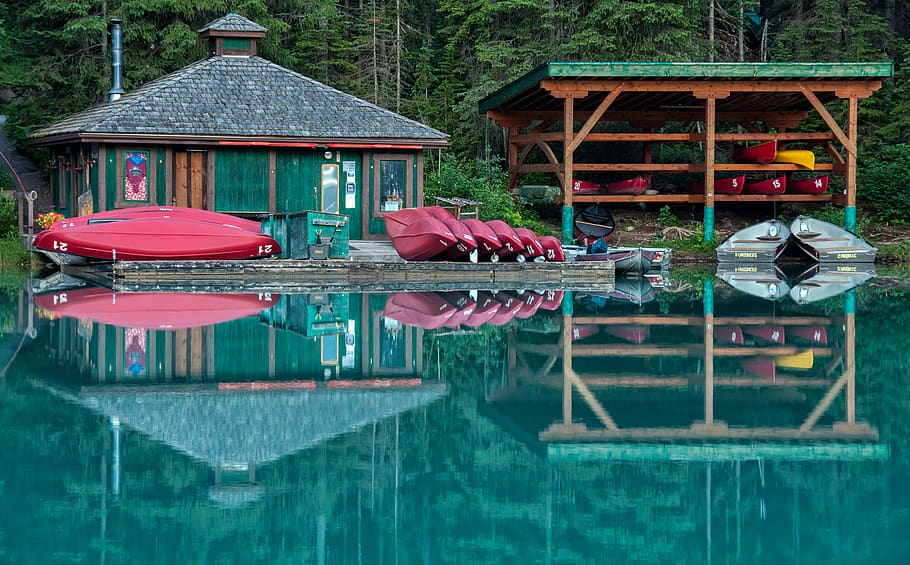 Canoes On Wooden Platform, boats, british columbia, cabin, canada