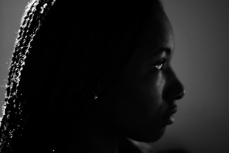 face, black and white, portrait, girl, side, one person, side view