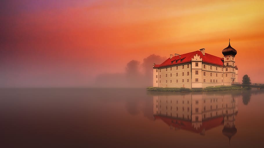 sunset, dawn, sky, dusk, waters, castle, lake, fog, evening HD wallpaper