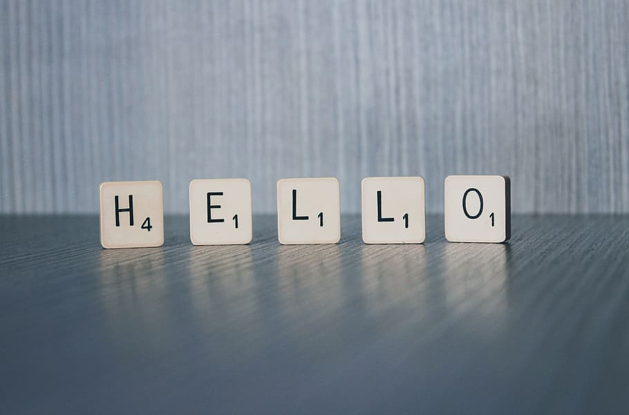 Hello printed wooden blocks on surface, text, communication, capital letter HD wallpaper