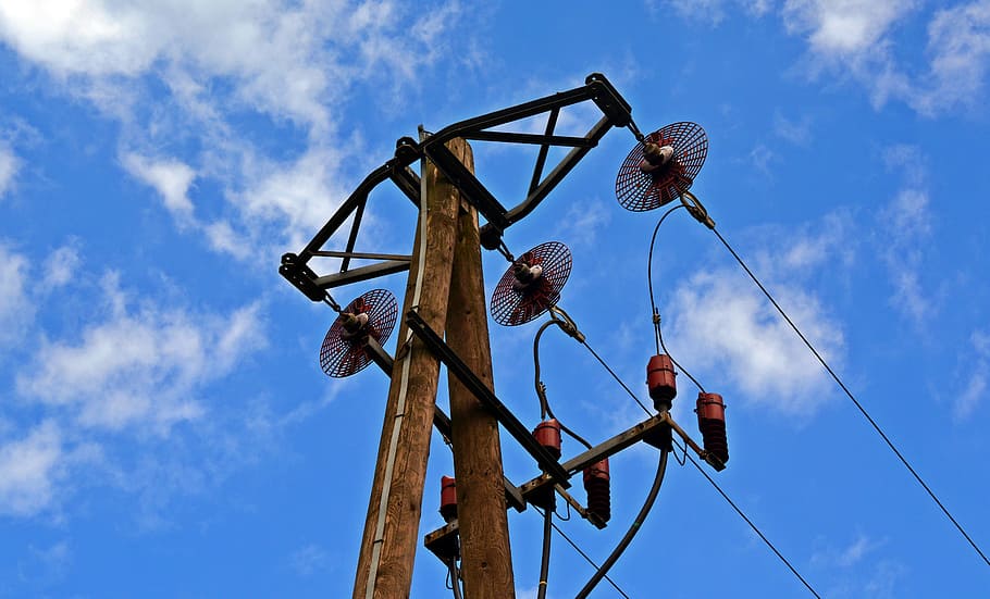 Low Angle Photography of Brown Utility Post, blue sky, catenary HD wallpaper