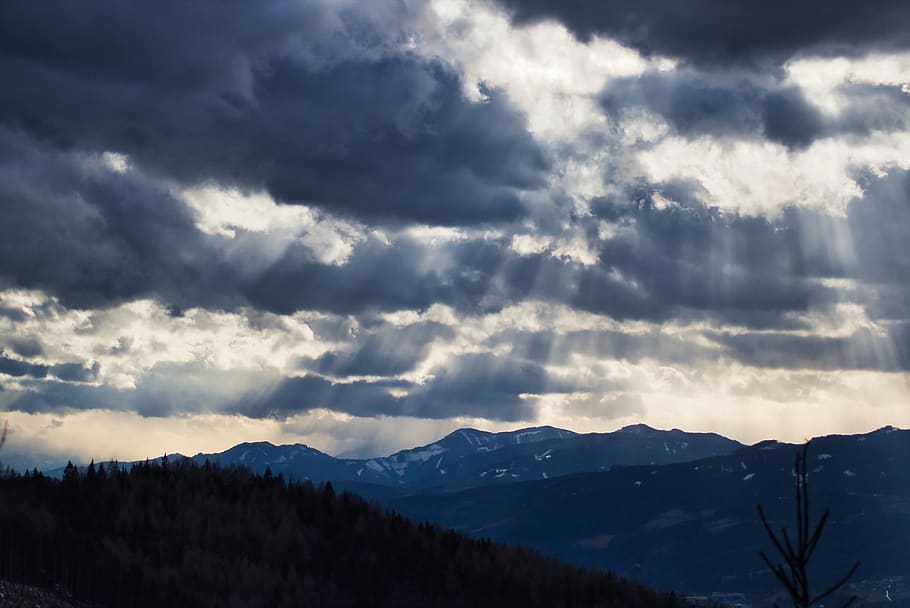 sunbeam, mountains, sky, landscape, mood, nature, clouds, sunlight HD wallpaper