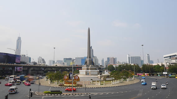 bangkok, victory monument, roundabout, city, cars, statue, view HD wallpaper