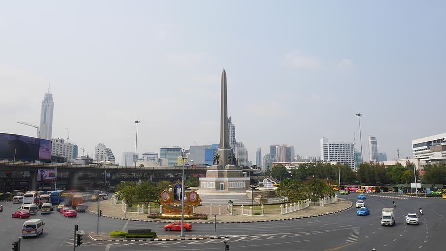 bangkok, victory monument, roundabout, city, cars, statue, view HD wallpaper