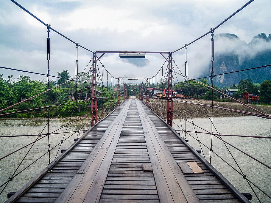 Brown Wooden Bridge, cables, clouds, daytime, infrastructure HD wallpaper