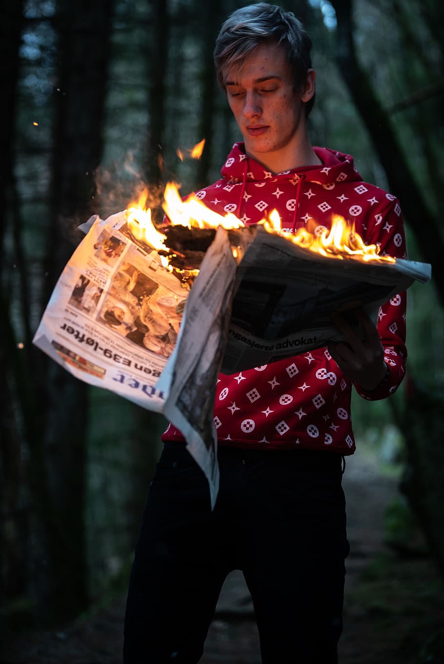 Man Holding Burning Newspaper, flame, person, portrait, wear HD wallpaper