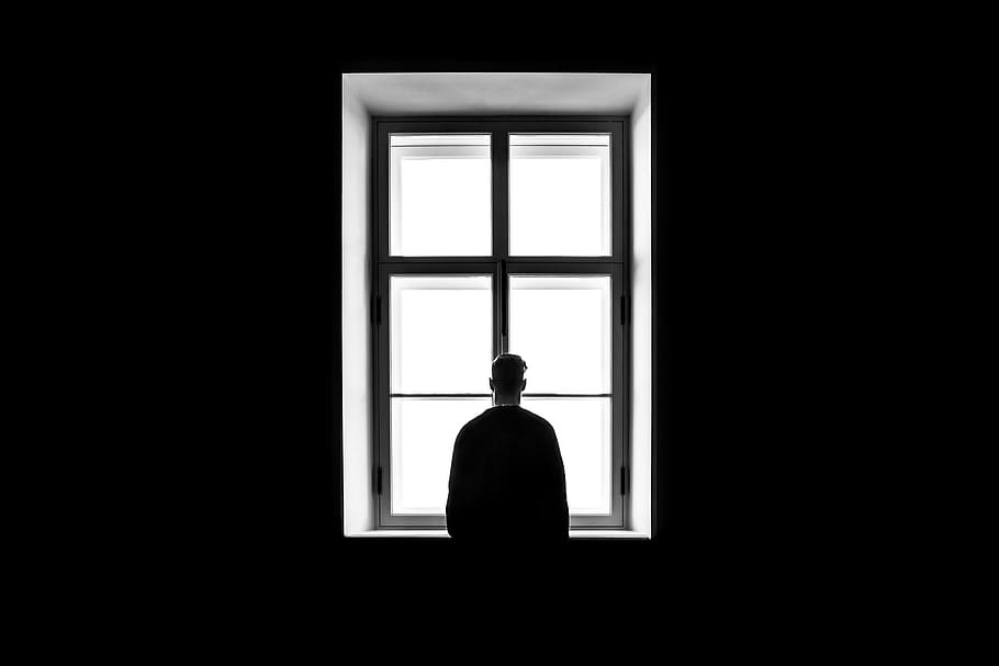 man standing in front of the window, person, building, silhouette, HD wallpaper