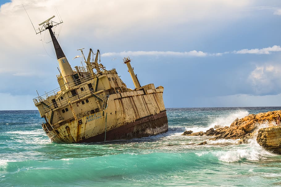 shipwreck, sea, clouds, boat, rusty, aged, weathered, rough sea